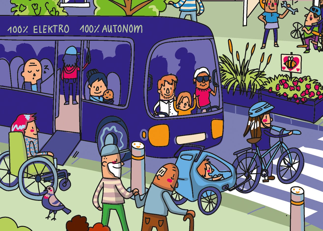 Smart City für alle Wimmelbild Illustration Stadtbild autonomer Bus Szene mit autonomem Bus