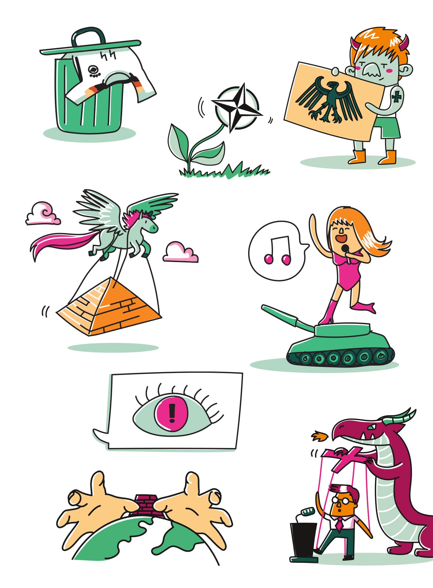 Facts&Fantasy Kartenspiel Illustrationen Verschwörungstheorien Motive Illustrationen Verschwörungserzählungen