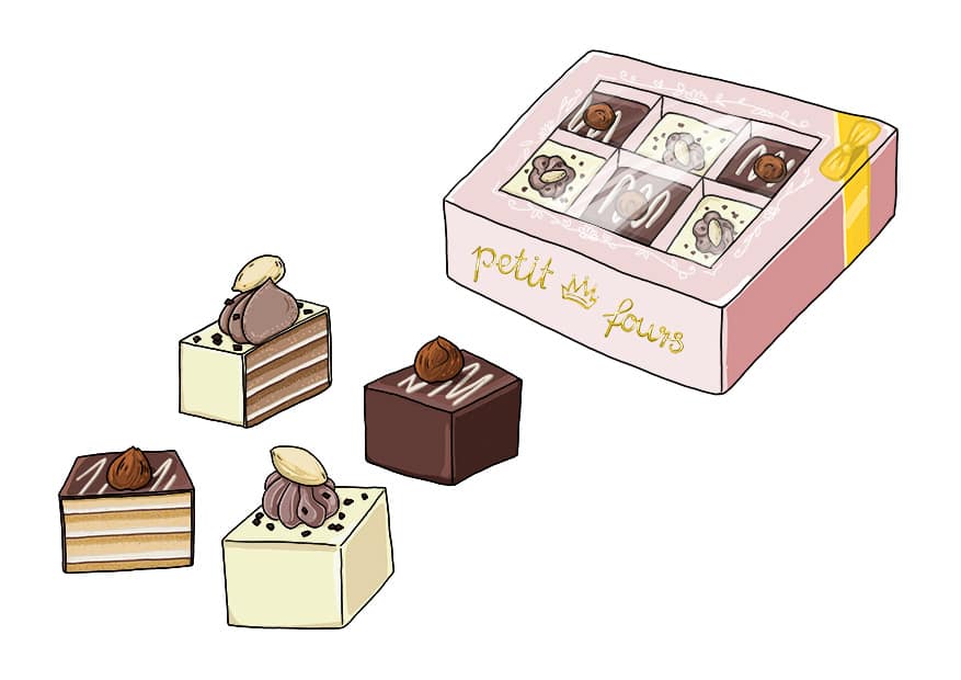 Produktillustration Petit Fours Product Scribble Sketch Food Pralinen Verpackung
