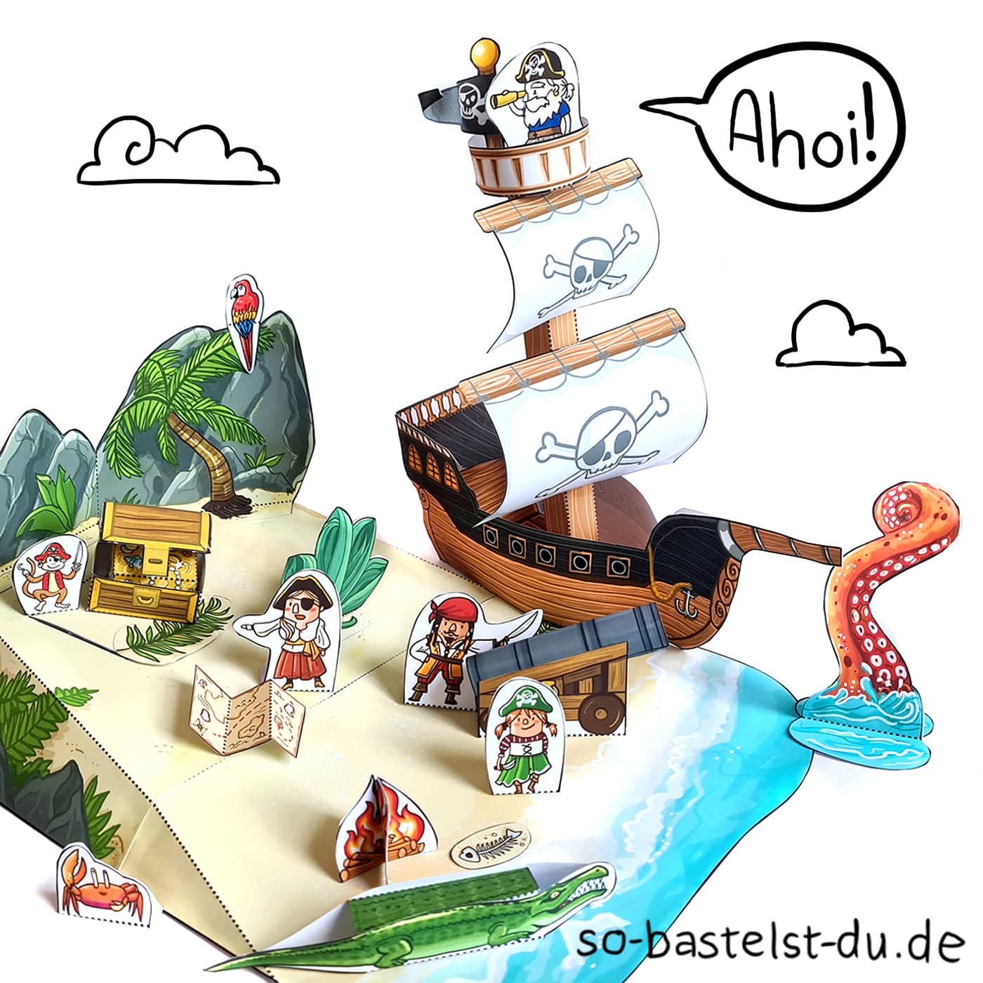 Pirateninsel basteln Bastelbogen mit Piratenschiff