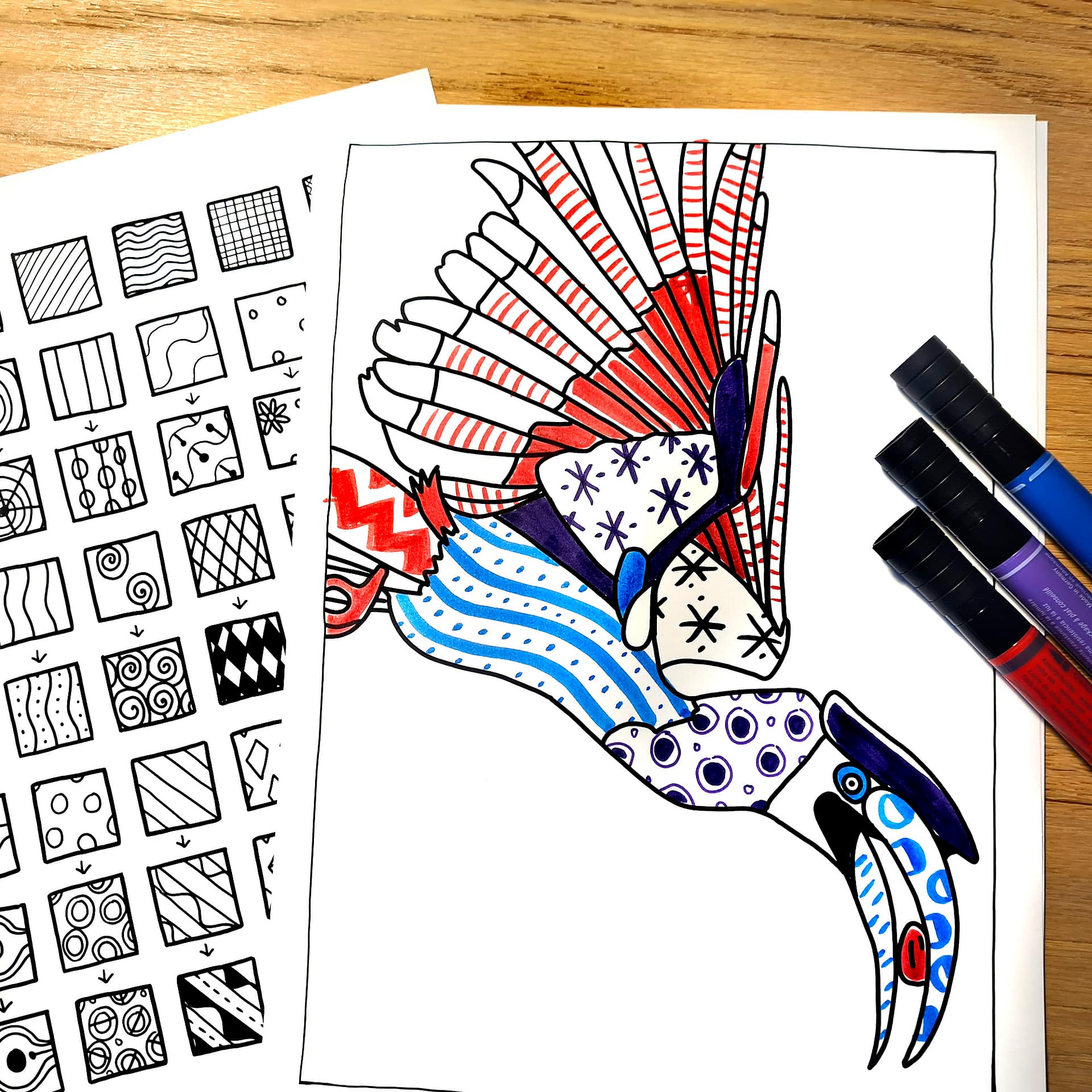 ZenDoodle Vorlagen Vögel Nashornvogel mit Muster und Farbe